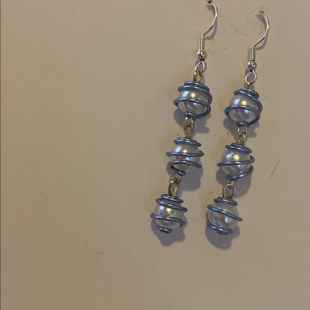 Pearl Wire Wrapped With Blue Wire Earrings